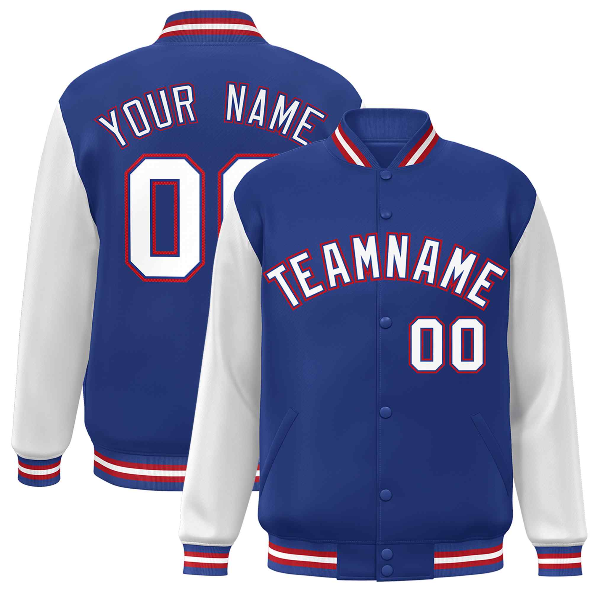 Veste Letterman Varsity Full-Snap Custom Royal White-Royal Raglan Sleeves