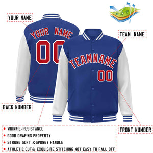 Veste Letterman Varsity Full-Snap à manches raglan personnalisées Royal Red-White