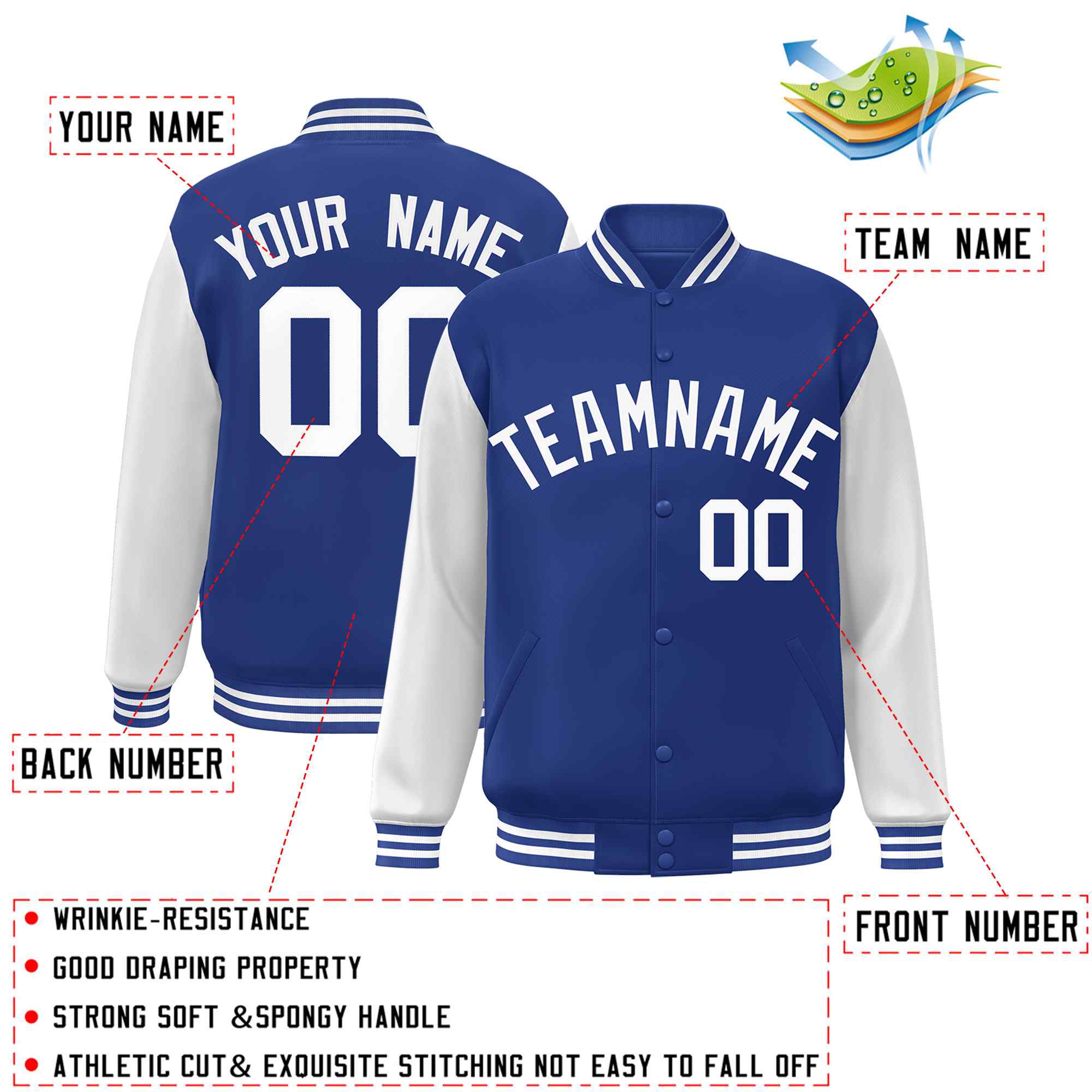 Veste Letterman Varsity Full-Snap à manches raglan blanches royales personnalisées