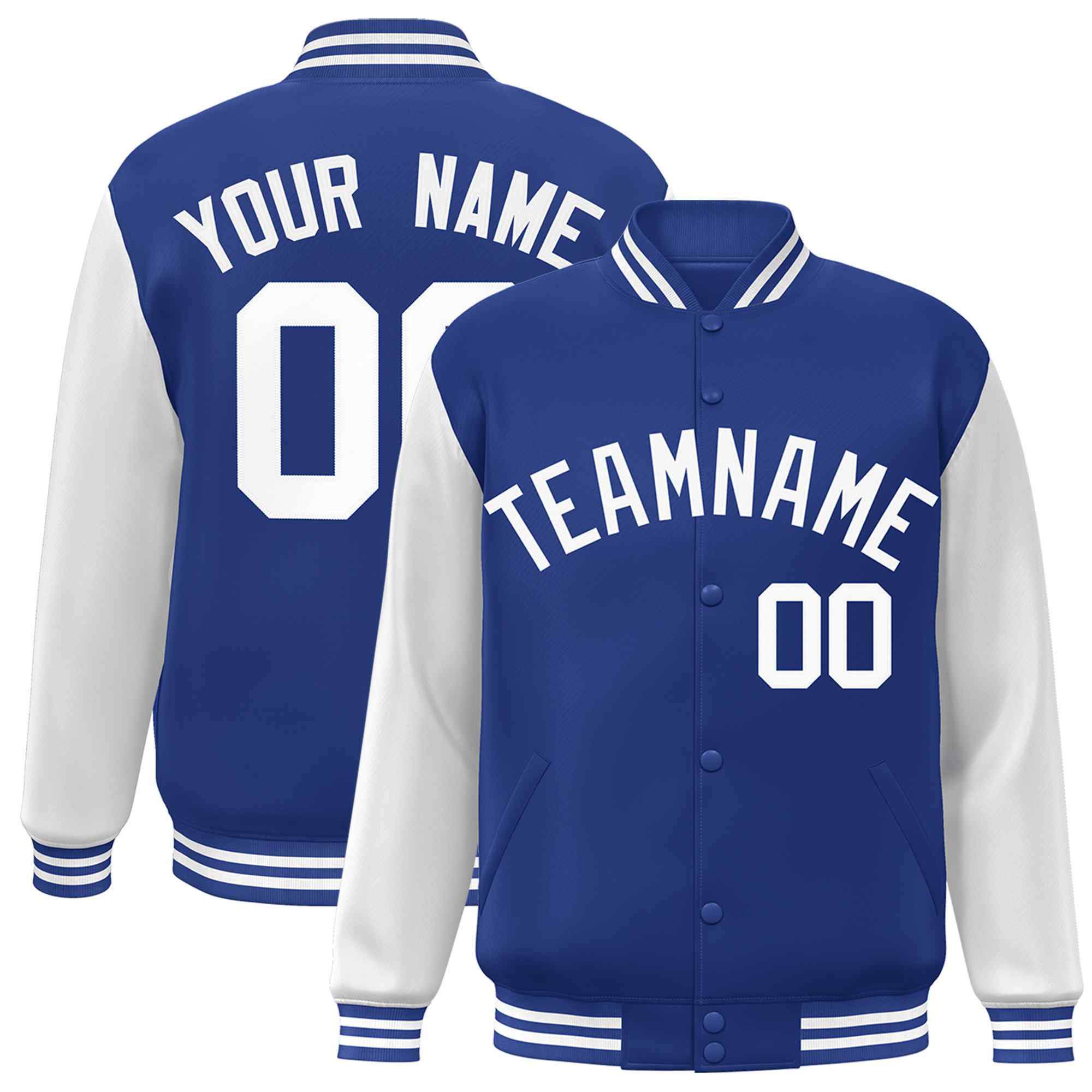 Veste Letterman Varsity Full-Snap à manches raglan blanches royales personnalisées