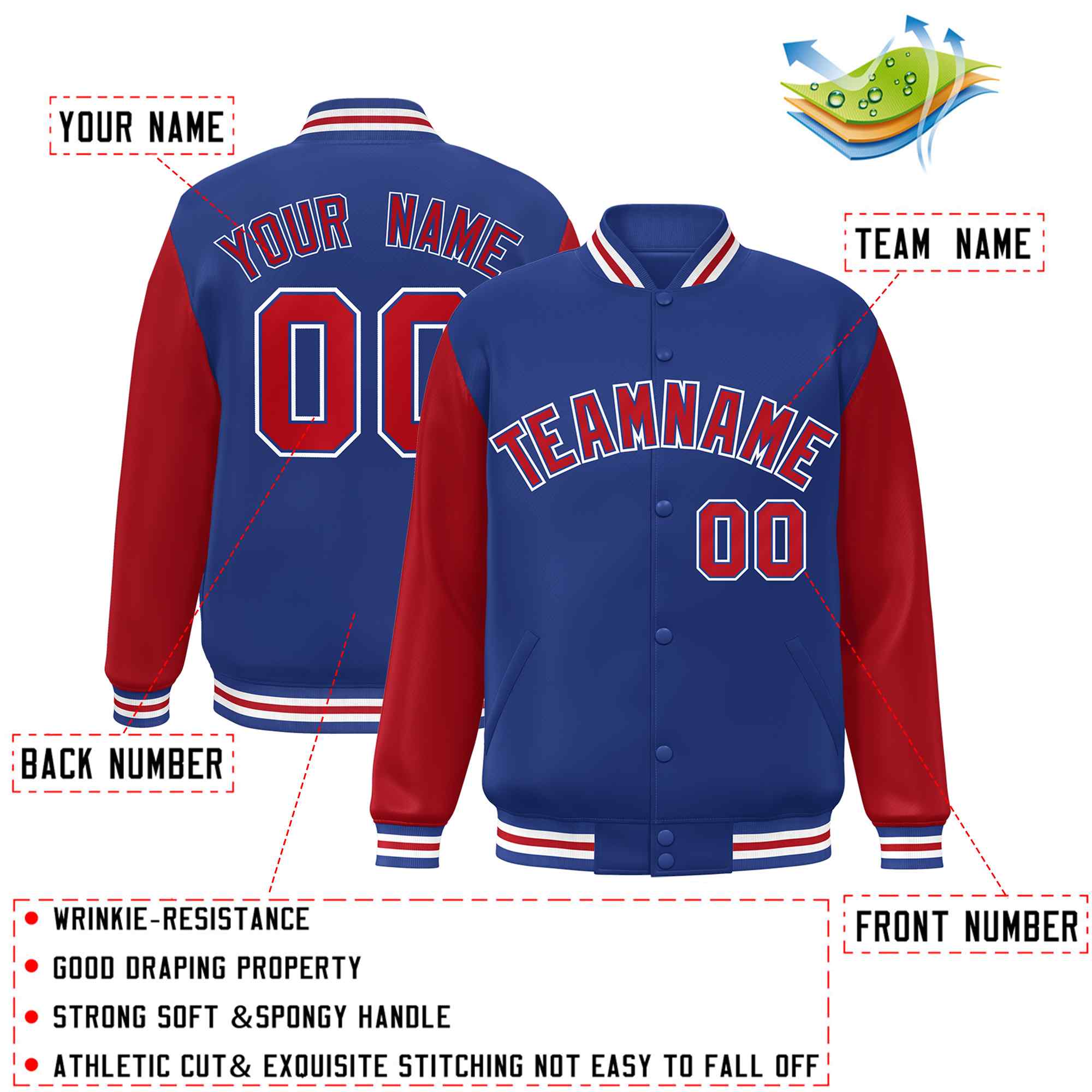 Veste Letterman Varsity Full-Snap Custom Royal Red-Royal Raglan Sleeves