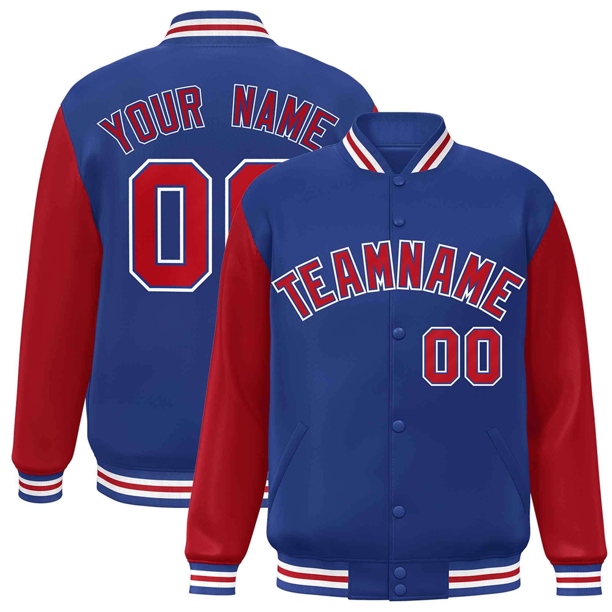 Veste Letterman Varsity Full-Snap Custom Royal Red-Royal Raglan Sleeves