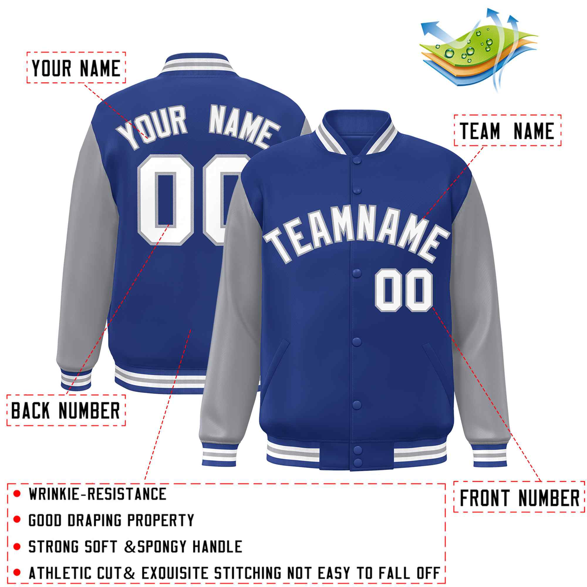 Custom Royal White-Gray Raglan Sleeves Varsity Full-Snap Letterman Jacket