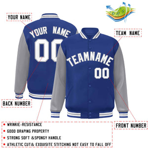 Veste Letterman Varsity Full-Snap personnalisée à manches raglan blanc-gris royal