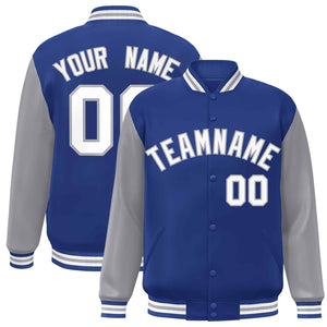 Veste Letterman Varsity Full-Snap personnalisée à manches raglan blanc-gris royal