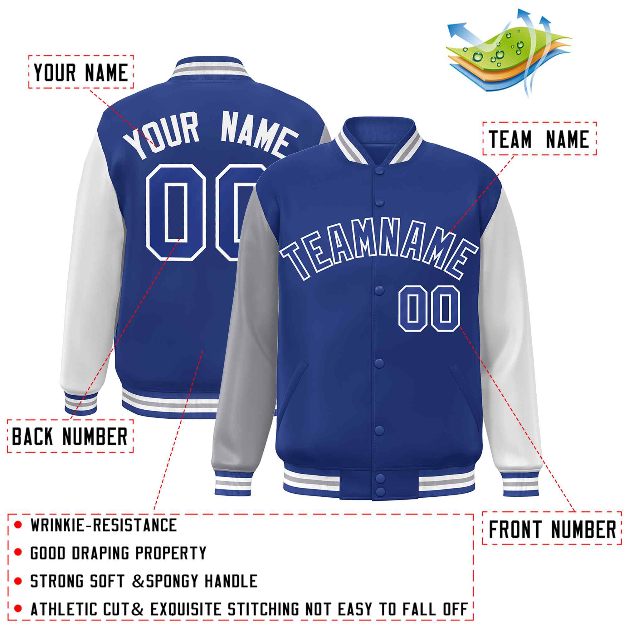 Veste Letterman Varsity à manches raglan Royal Royal-White personnalisée