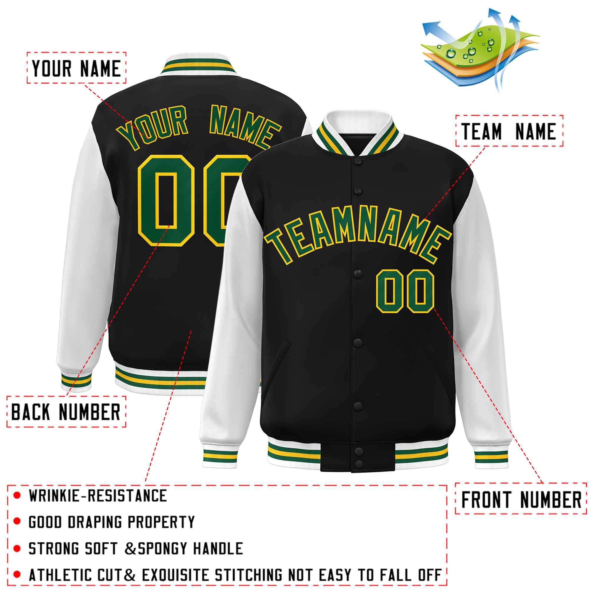 Custom Black Green-Gold Raglan Sleeves Varsity Full-Snap Letterman Jacket