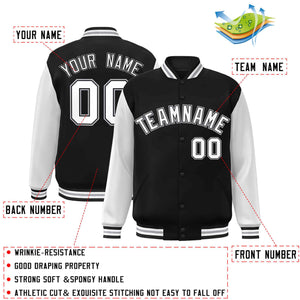 Custom Black White-Black Raglan Sleeves Varsity Full-Snap Letterman Jacket