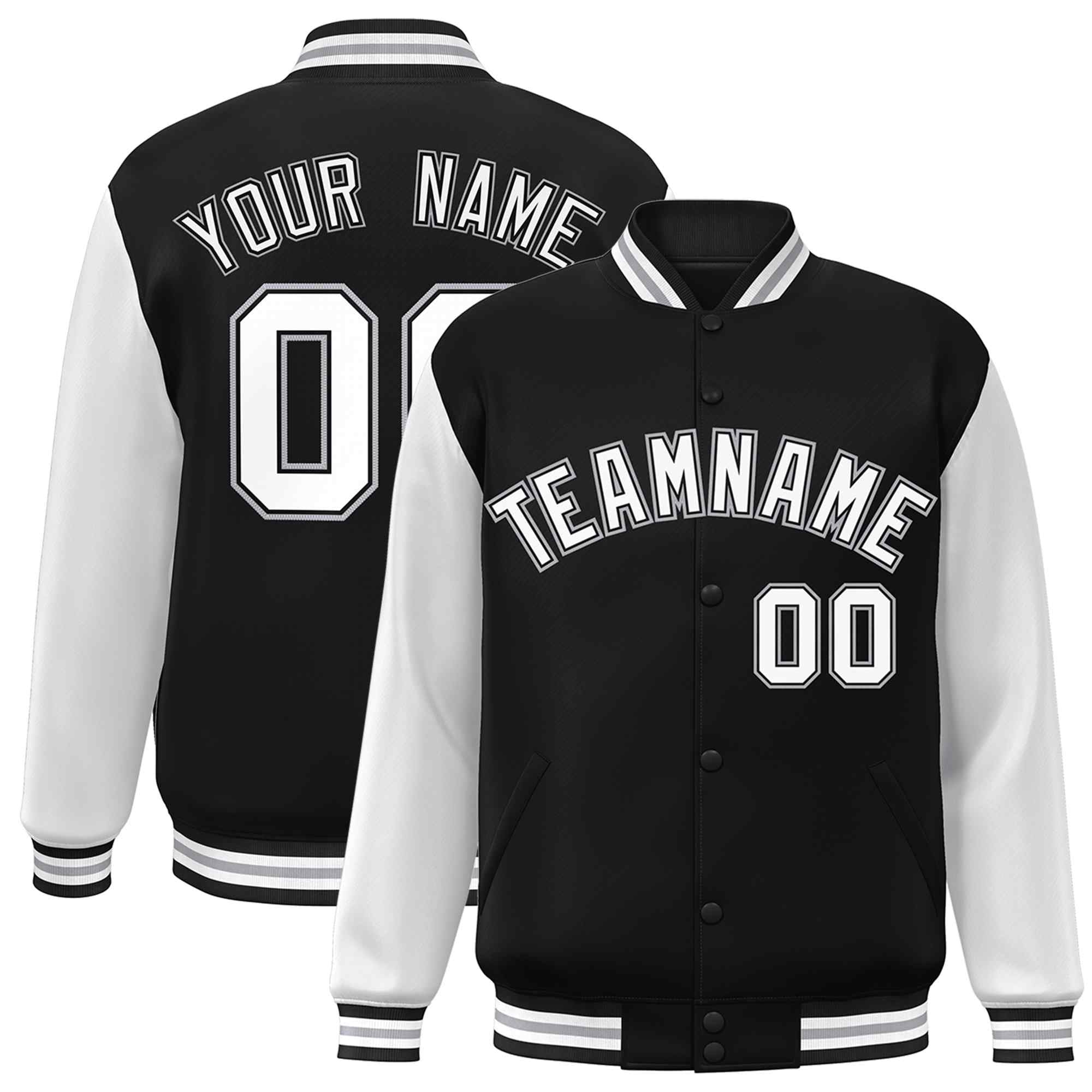 Veste Letterman Varsity Full-Snap à manches raglan personnalisées noir blanc-noir