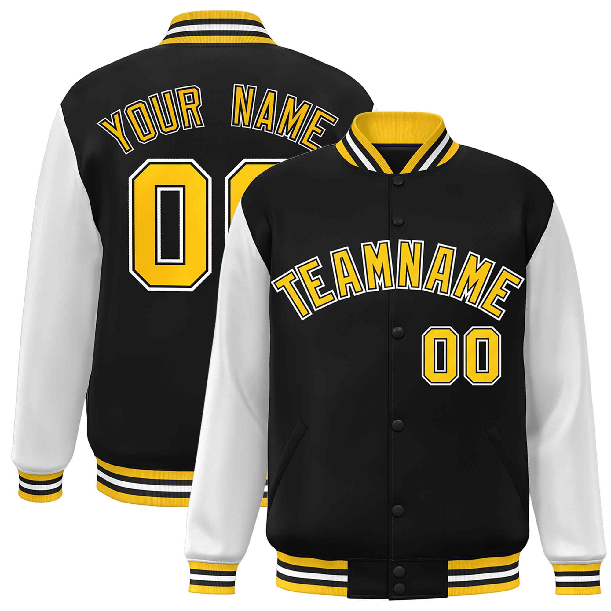 Custom Black Gold-Black Raglan Sleeves Varsity Full-Snap Letterman Jacket