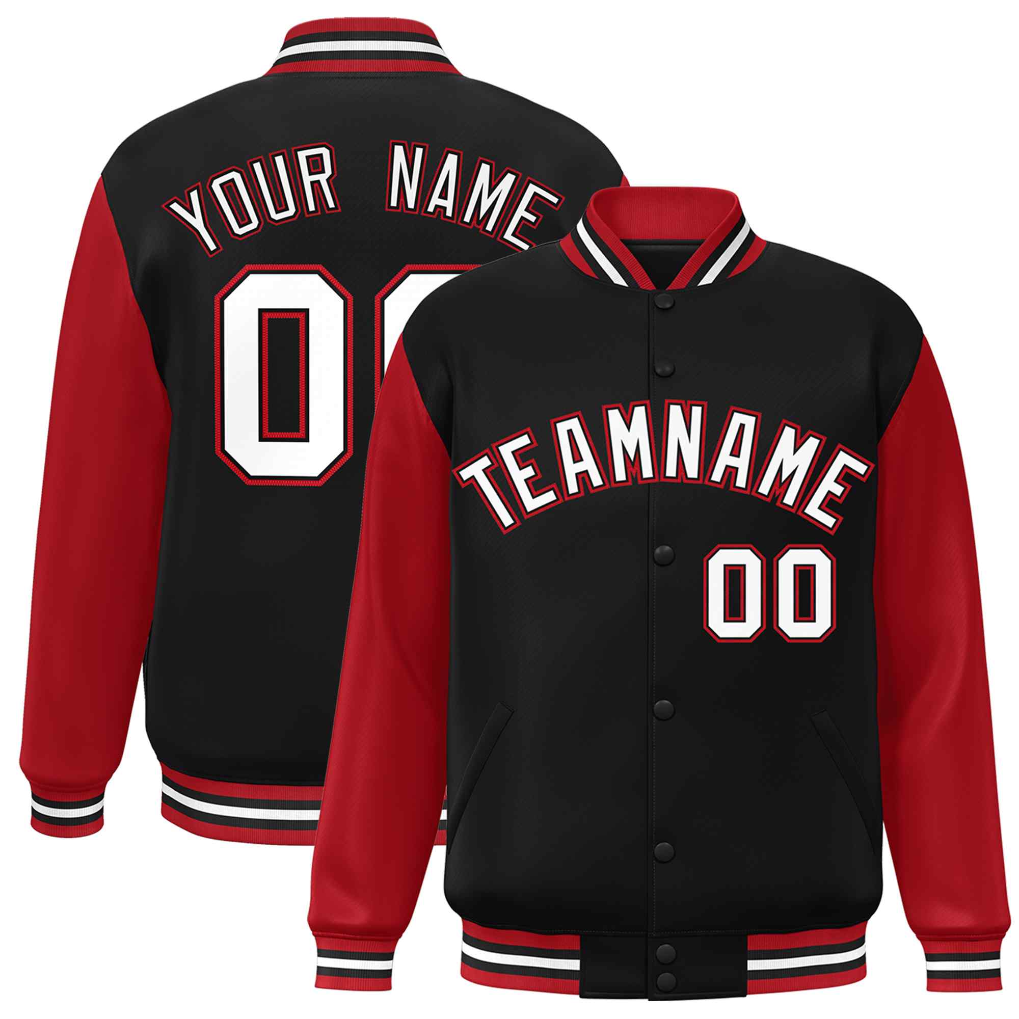 Custom Black White-Black Raglan Sleeves Varsity Full-Snap Letterman Jacket