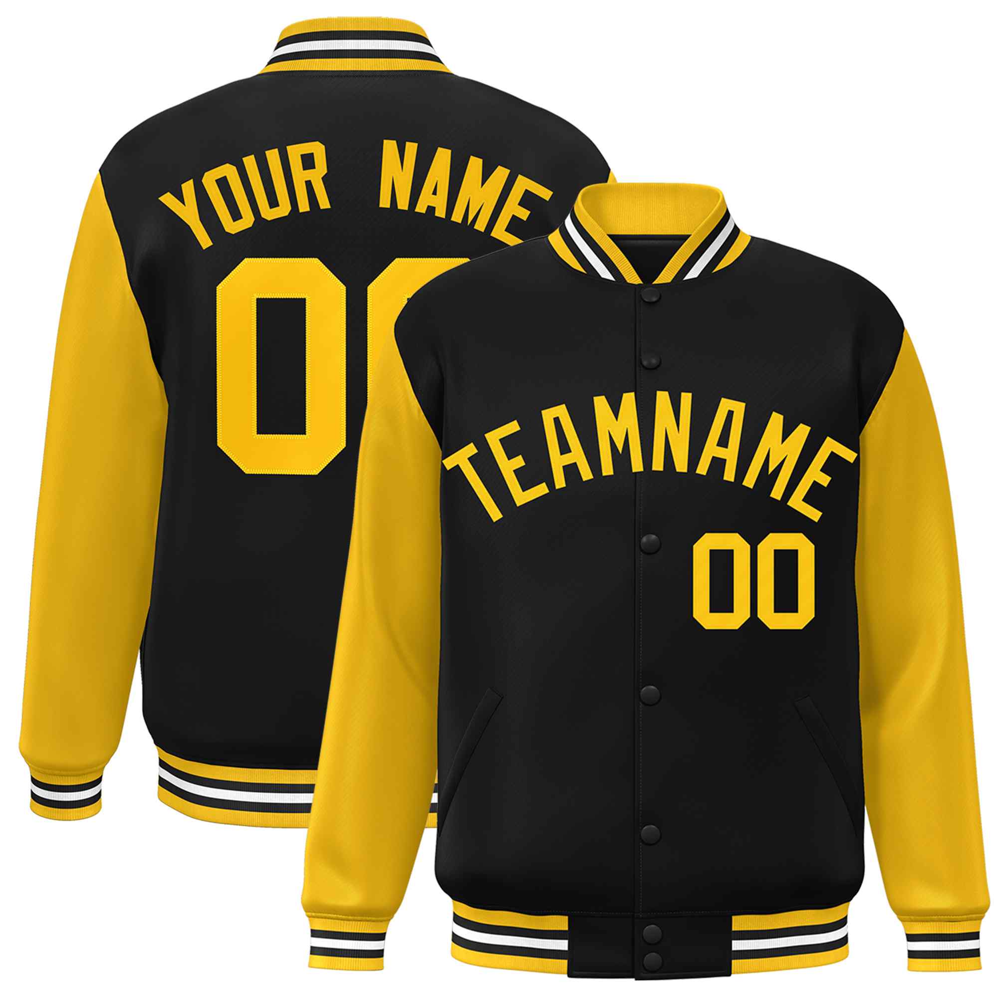 Veste Letterman Varsity Full-Snap à manches raglan personnalisées en or noir