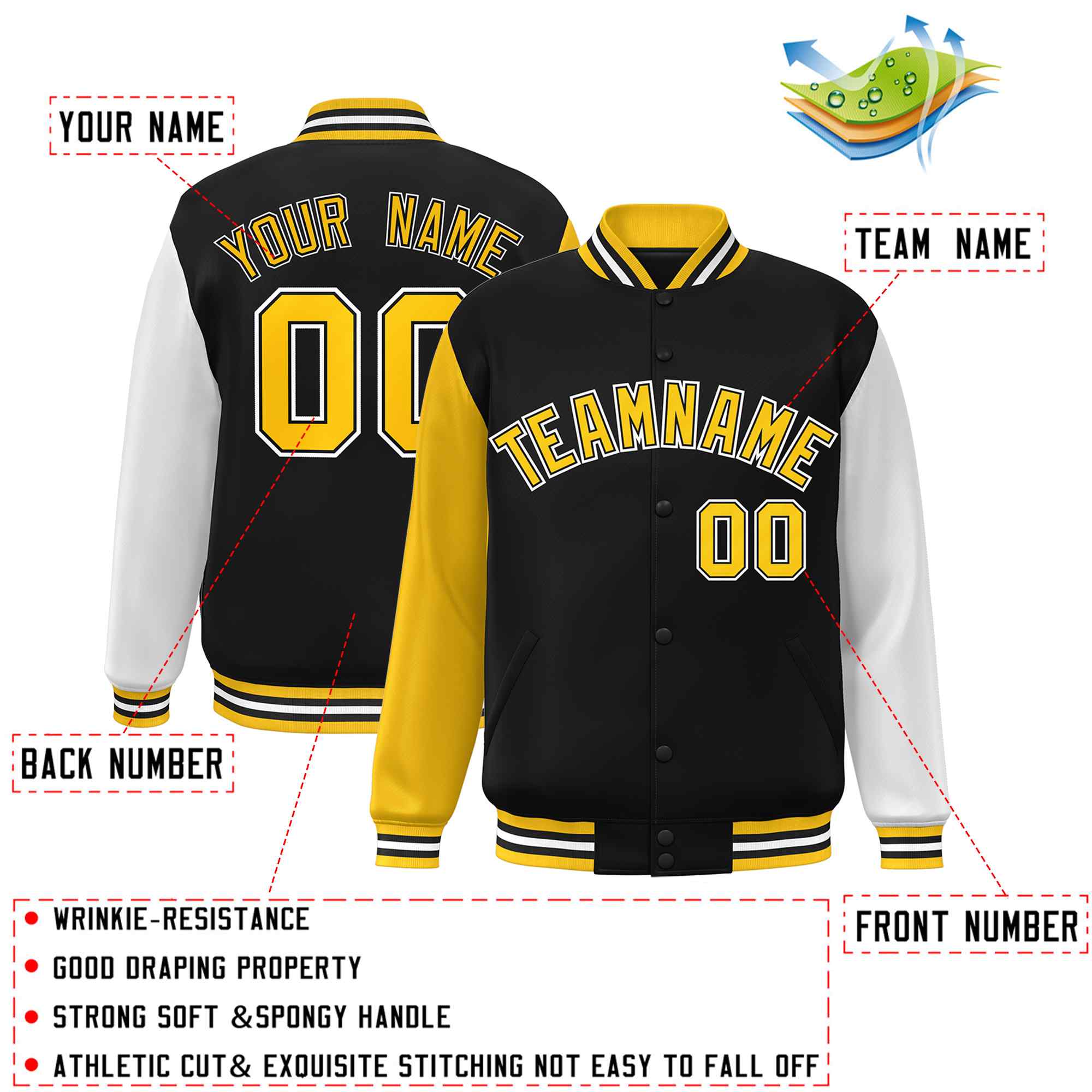 Custom Black Gold-Black Raglan Sleeves Varsity Full-Snap Letterman Jacket