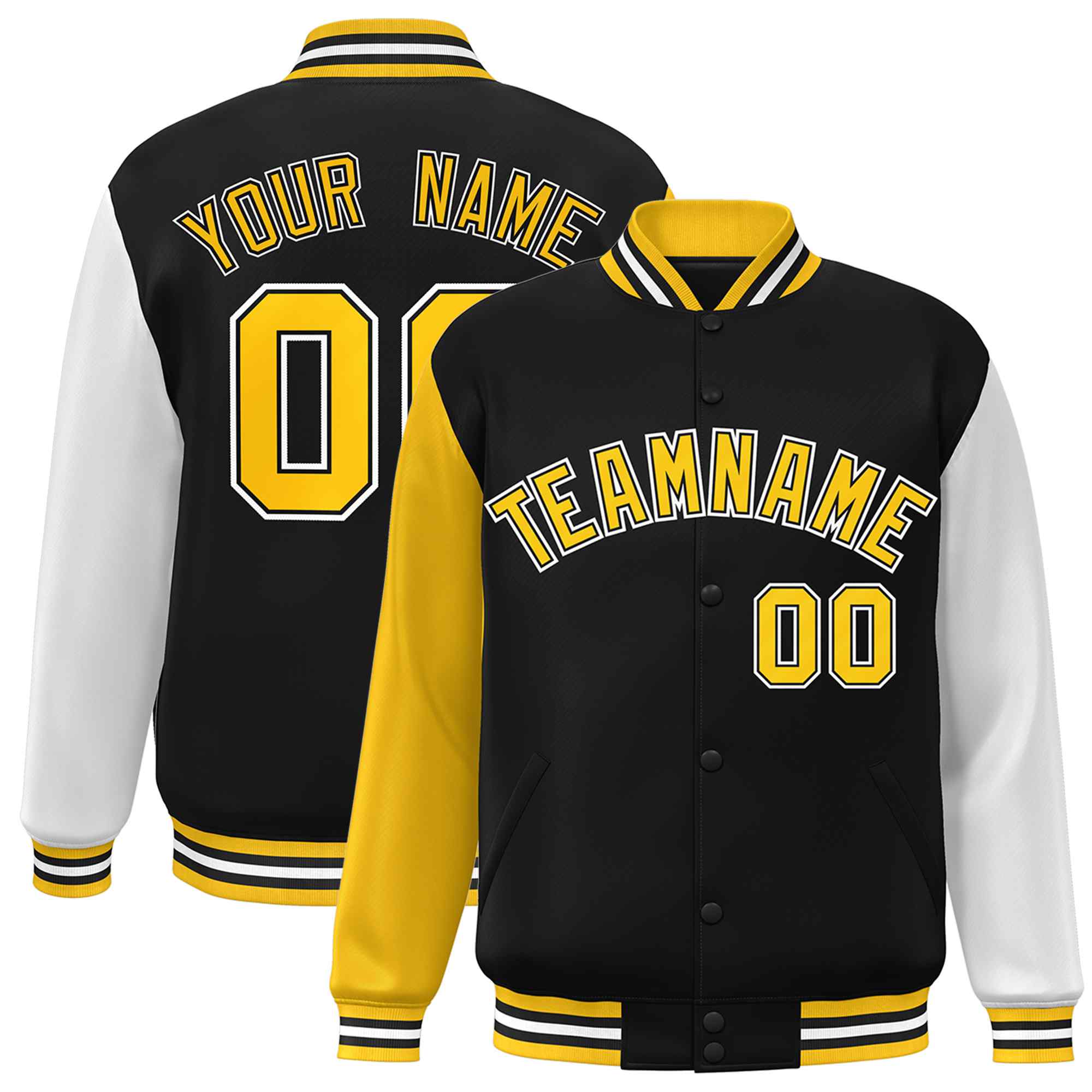 Custom Black Gold-Black Raglan Sleeves Varsity Full-Snap Letterman Jacket