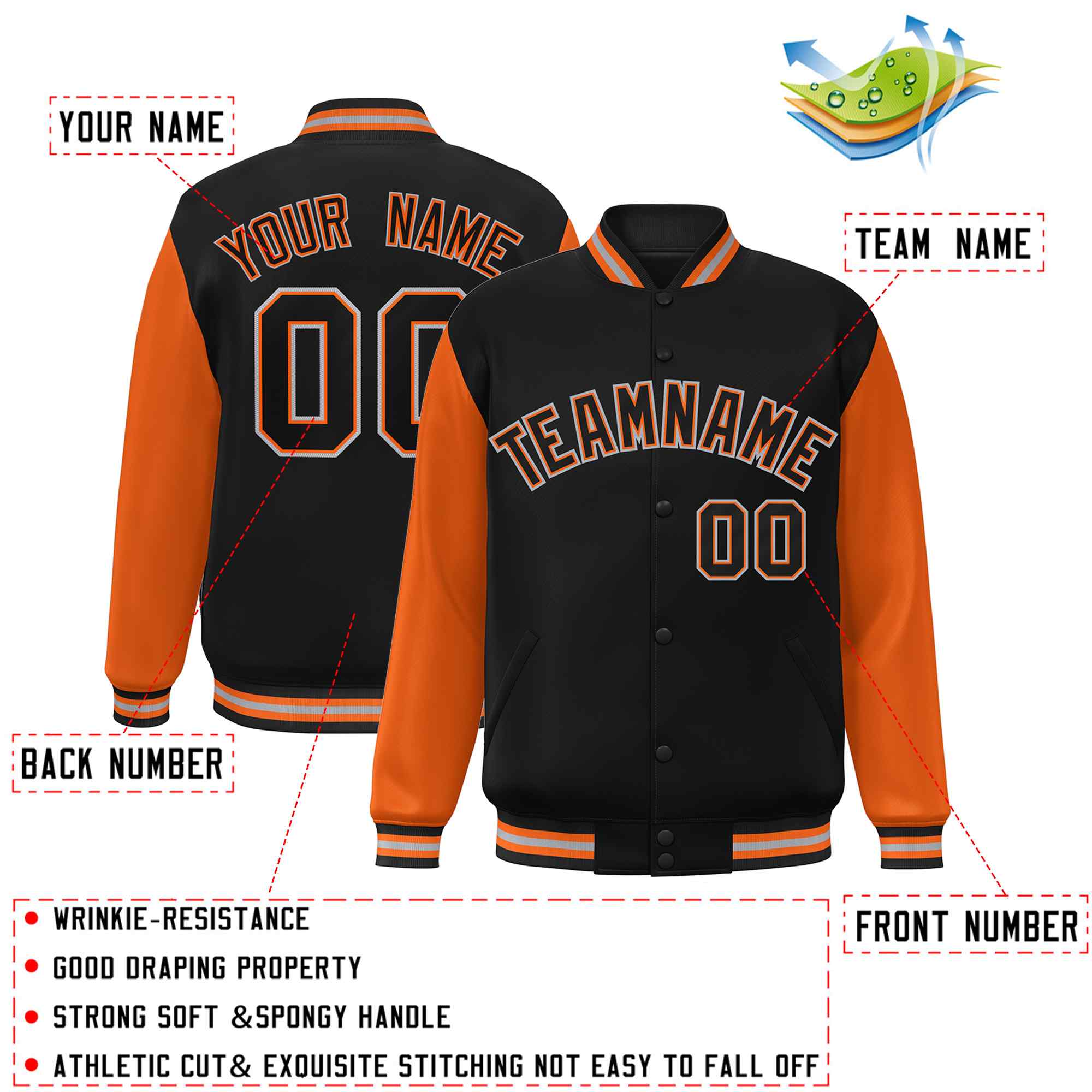 Custom Black Black-Orange Raglan Sleeves Varsity Full-Snap Letterman Jacket