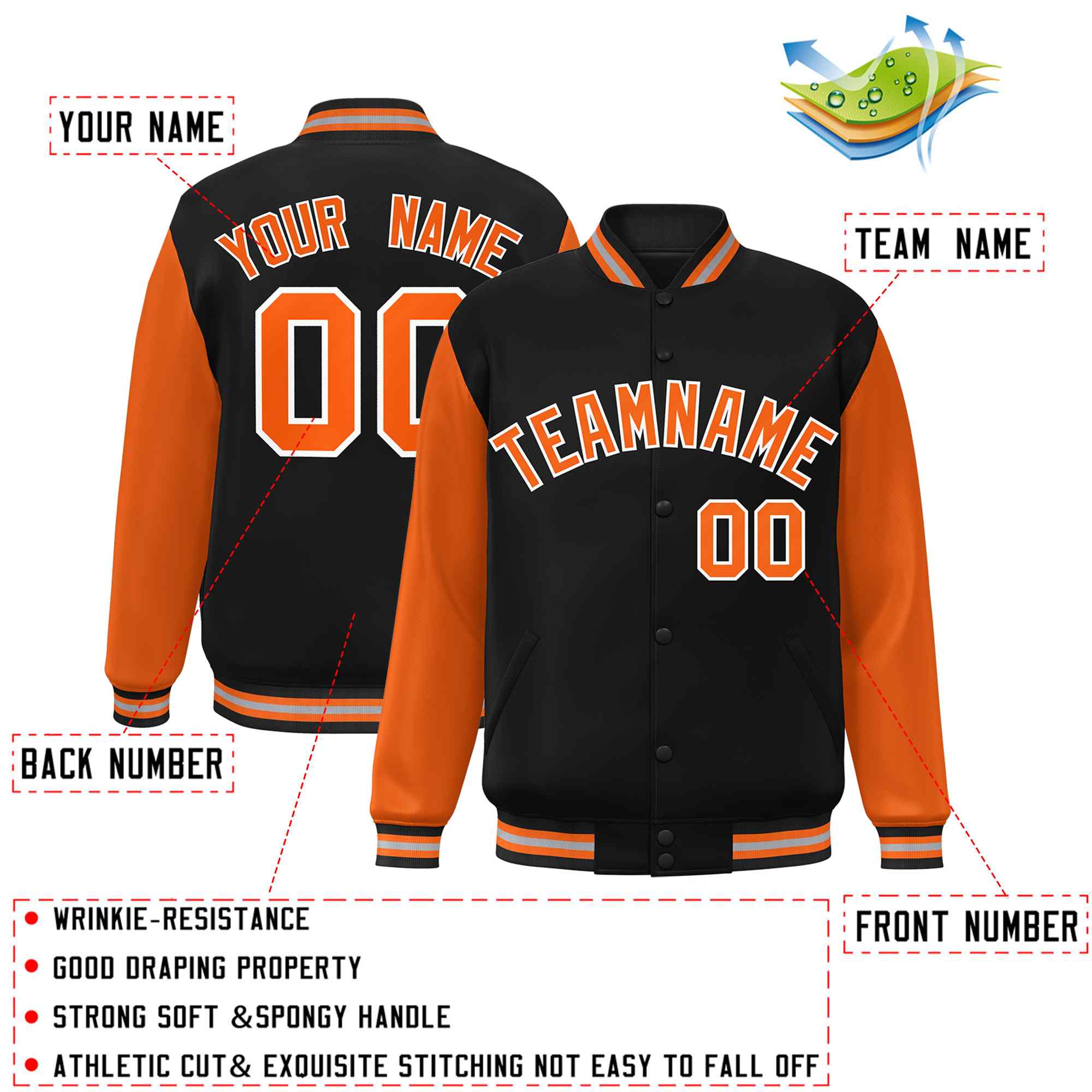 Custom Black Orange-White Raglan Sleeves Varsity Full-Snap Letterman Jacket