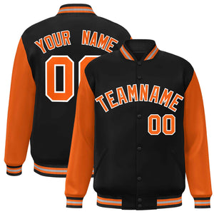 Veste Letterman Varsity Full-Snap personnalisée à manches raglan noir orange-blanc