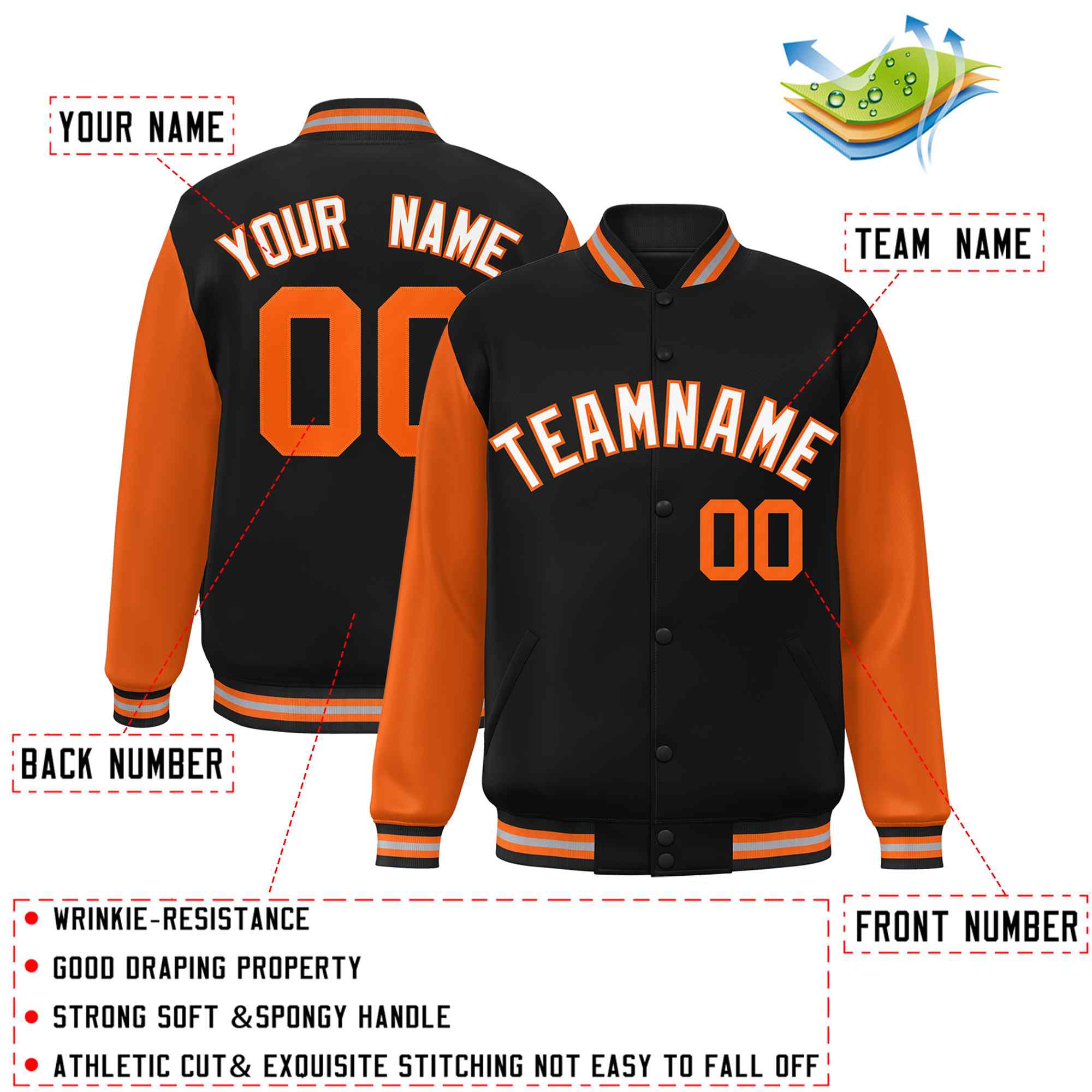 Custom Black White-Orange Raglan Sleeves Varsity Full-Snap Letterman Jacket