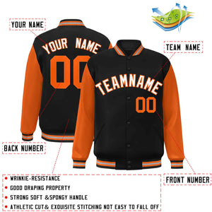 Custom Black White-Orange Raglan Sleeves Varsity Full-Snap Letterman Jacket