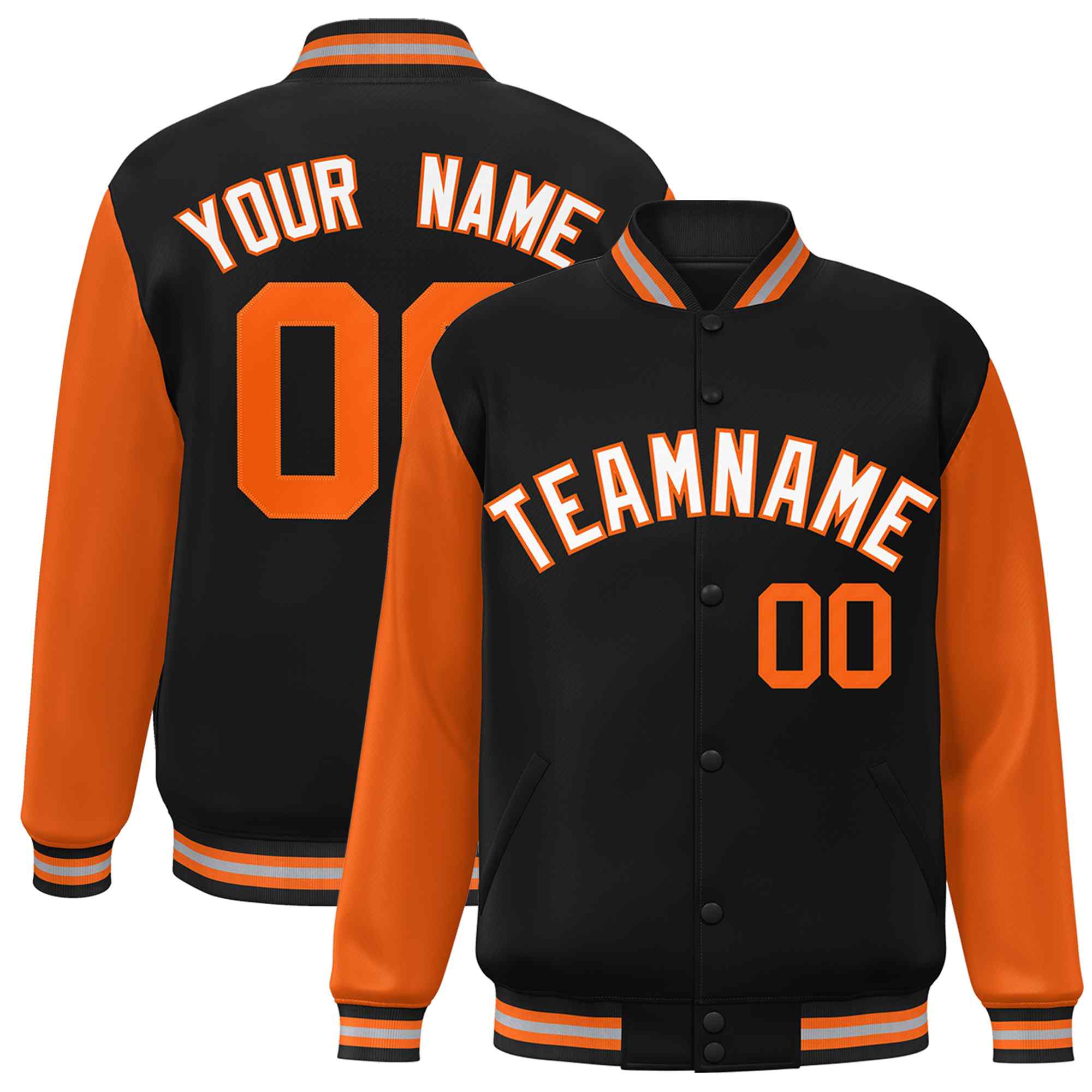 Custom Black White-Orange Raglan Sleeves Varsity Full-Snap Letterman Jacket