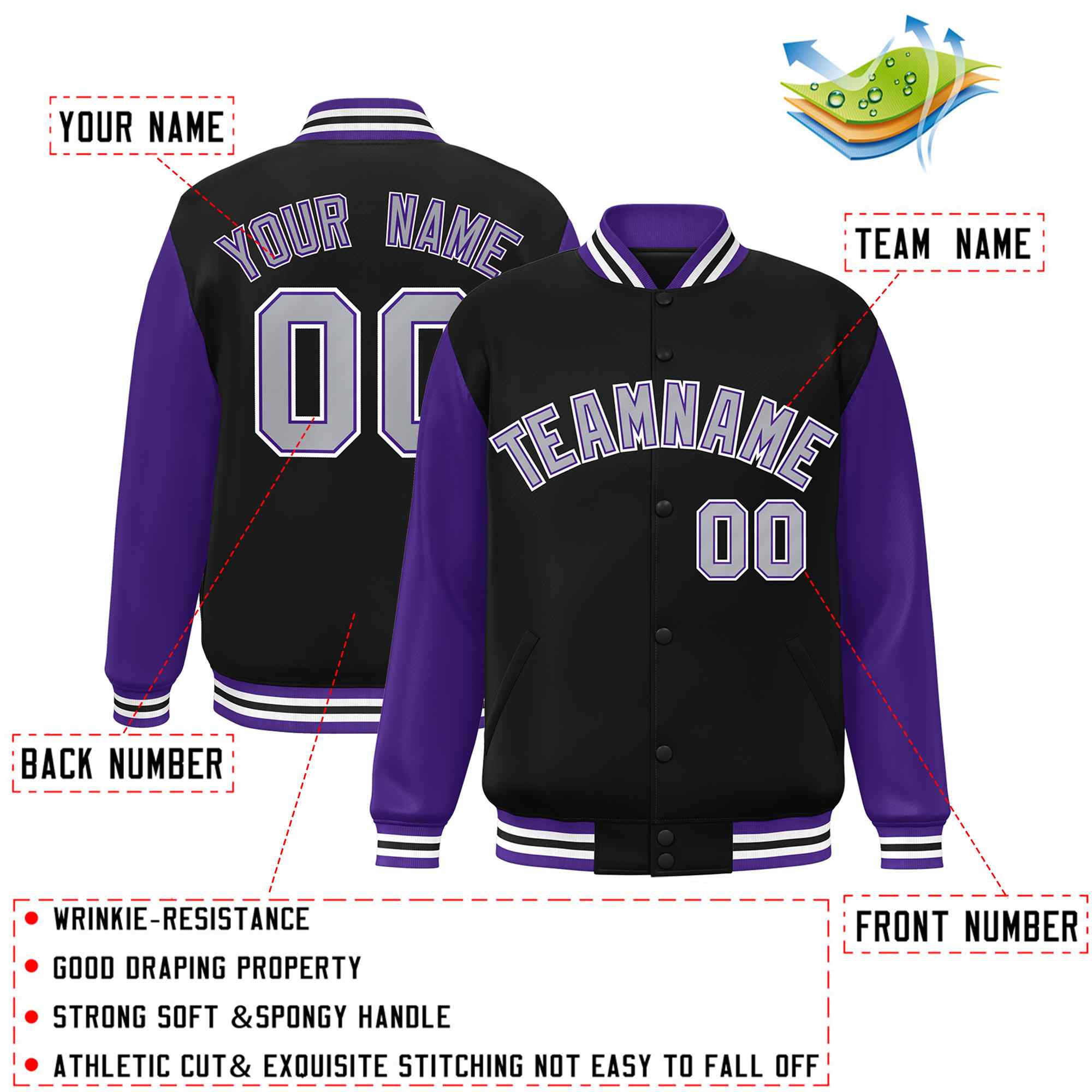 Veste Letterman Varsity Full-Snap personnalisée à manches raglan noir gris-violet