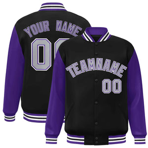 Veste Letterman Varsity Full-Snap personnalisée à manches raglan noir gris-violet