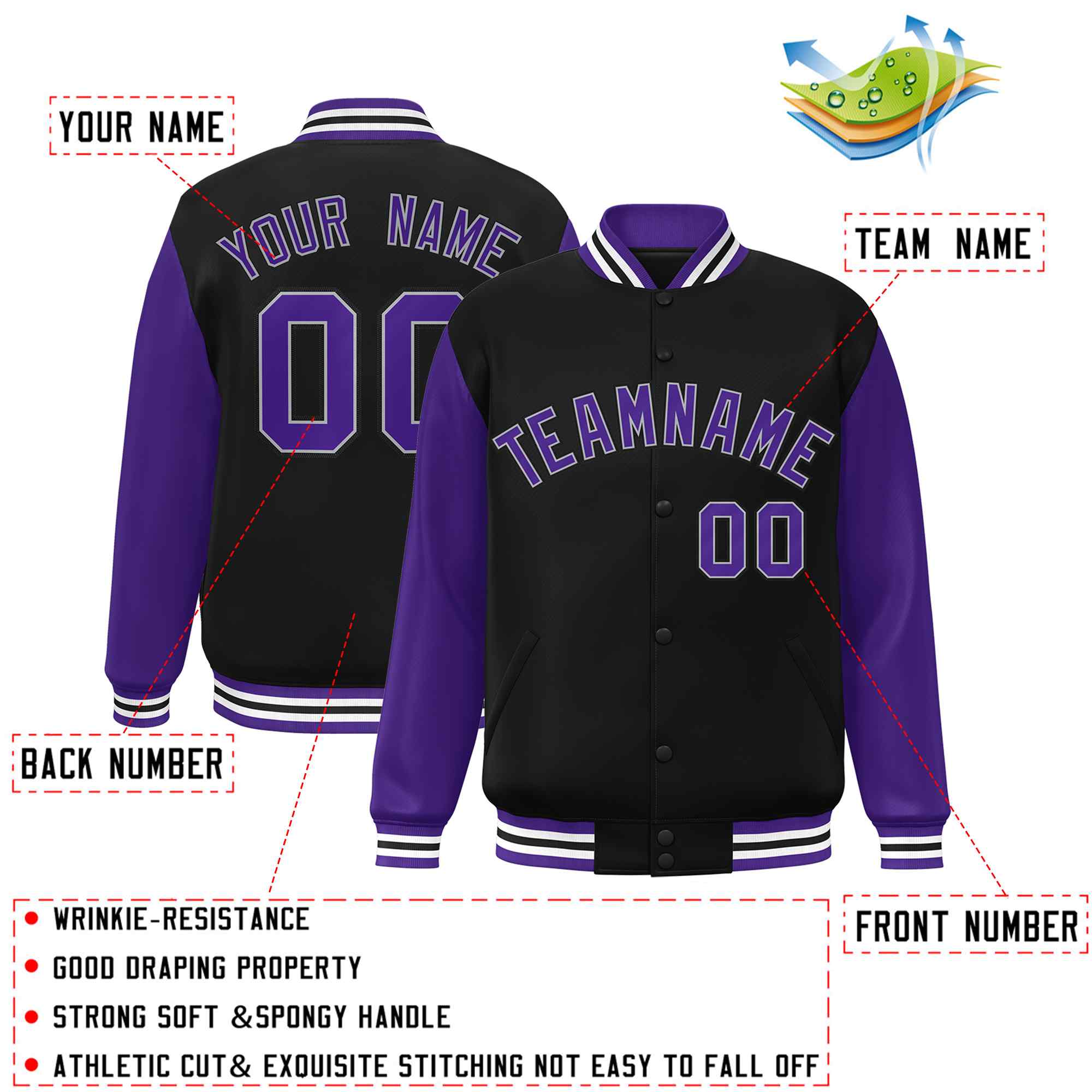 Custom Black Purple-White Raglan Sleeves Varsity Full-Snap Letterman Jacket