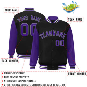 Veste Letterman Varsity Full-Snap à manches raglan personnalisées noir violet-blanc