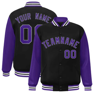 Veste Letterman Varsity Full-Snap à manches raglan personnalisées noir violet-blanc