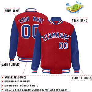 Veste Letterman Varsity Full-Snap à manches raglan rouge royal-blanc personnalisée