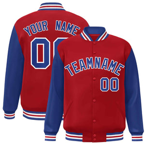 Veste Letterman Varsity Full-Snap à manches raglan rouge royal-blanc personnalisée