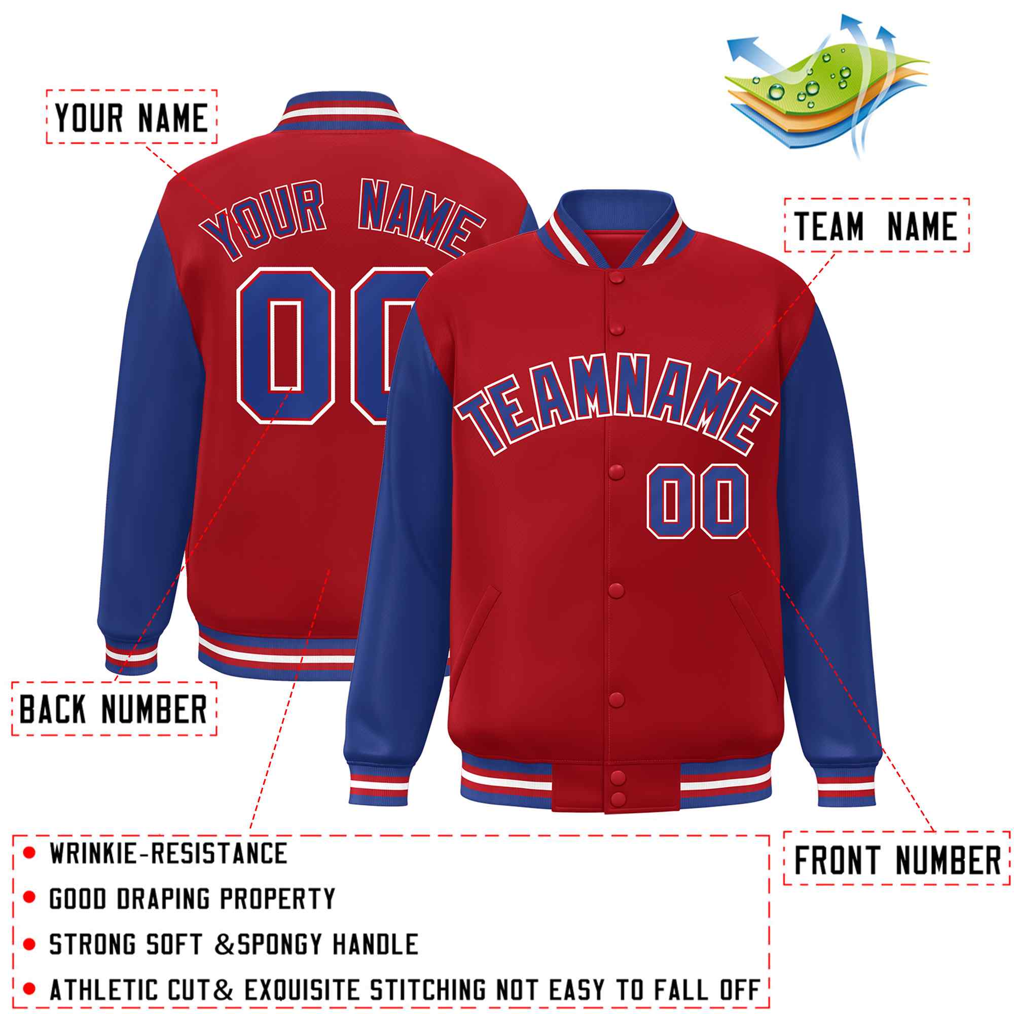 Custom Red Royal-Red Raglan Sleeves Varsity Full-Snap Letterman Jacket