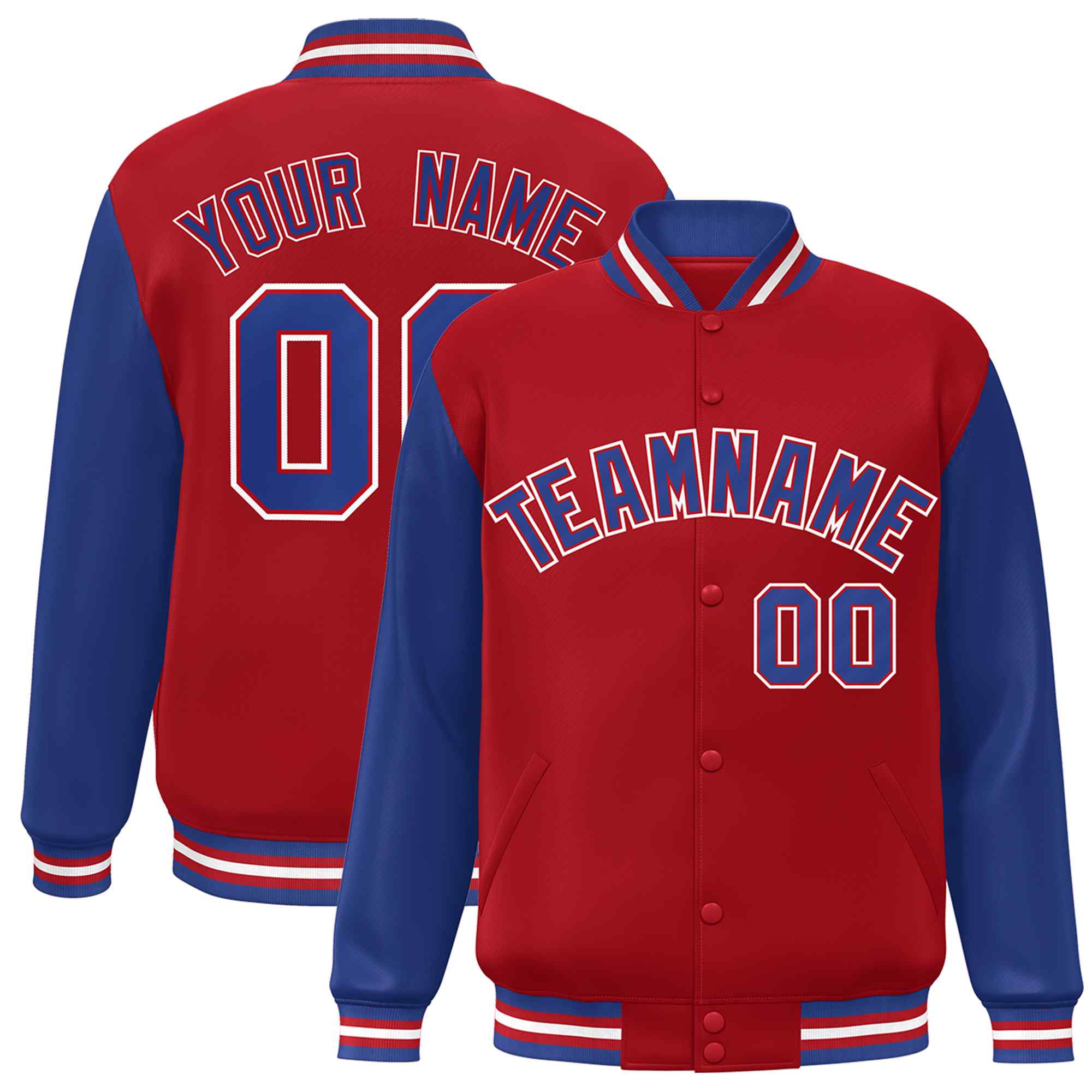 Custom Red Royal-Red Raglan Sleeves Varsity Full-Snap Letterman Jacket