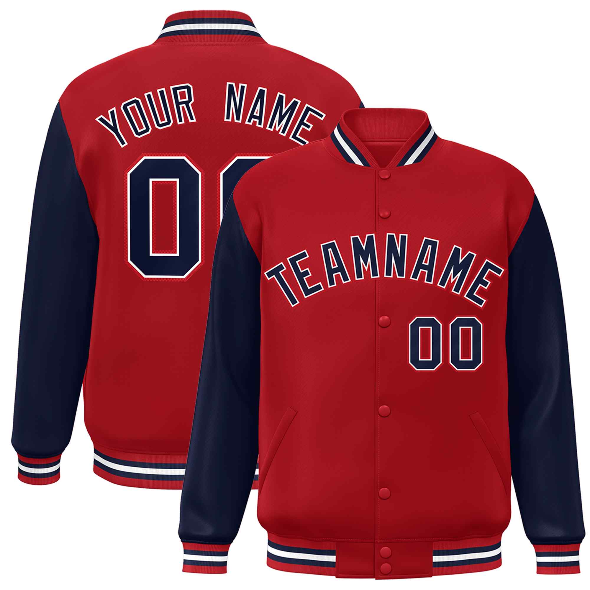 Custom Red Navy-White Raglan Sleeves Varsity Full-Snap Letterman Jacket