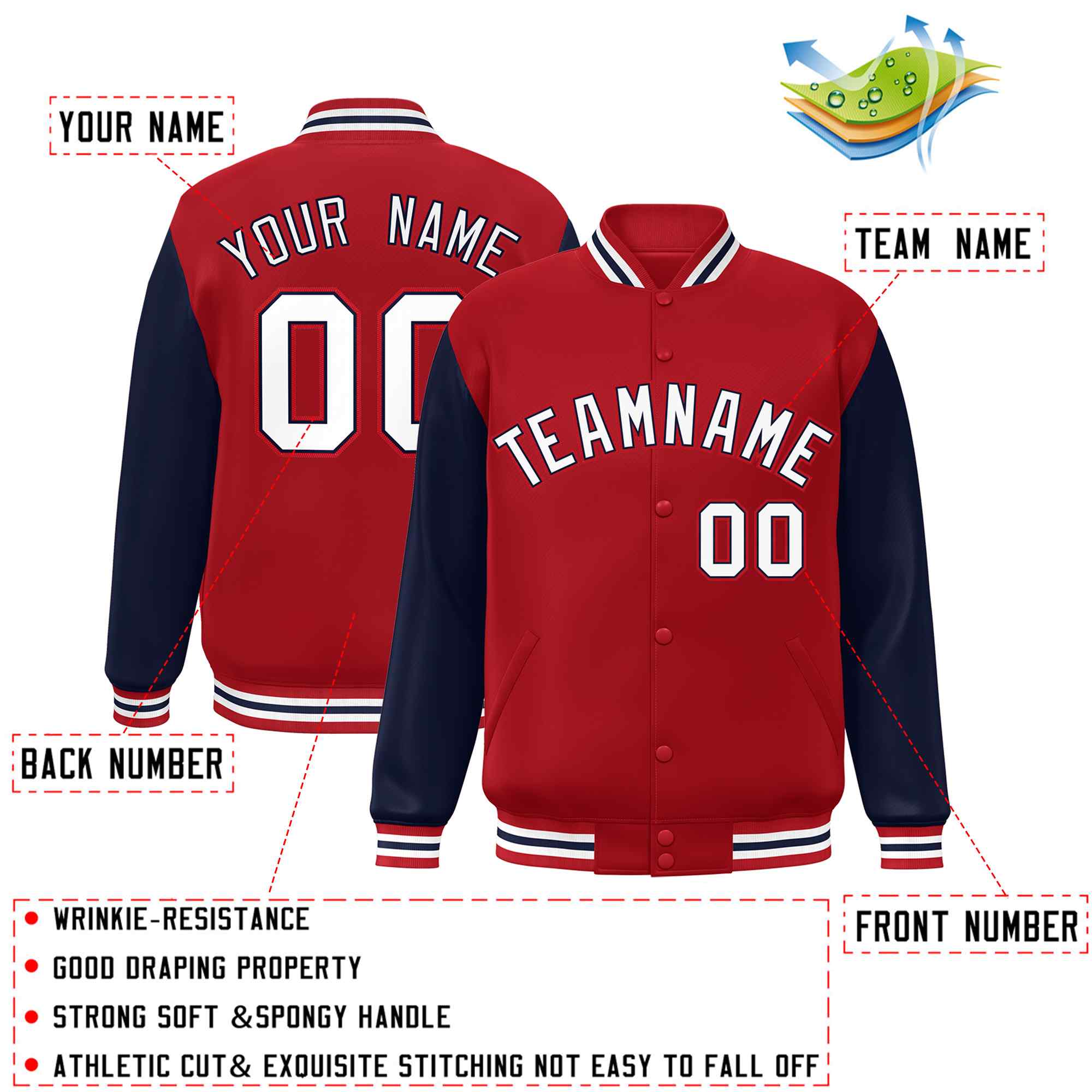 Custom Red White-Navy Raglan Sleeves Varsity Full-Snap Letterman Jacket