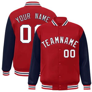 Custom Red White-Navy Raglan Sleeves Varsity Full-Snap Letterman Jacket