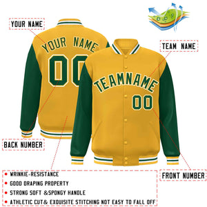 Veste Letterman Varsity Full-Snap à manches raglan personnalisées or vert-or