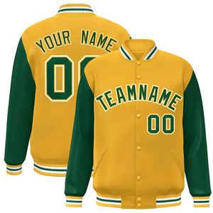 Veste Letterman Varsity Full-Snap à manches raglan personnalisées or vert-or