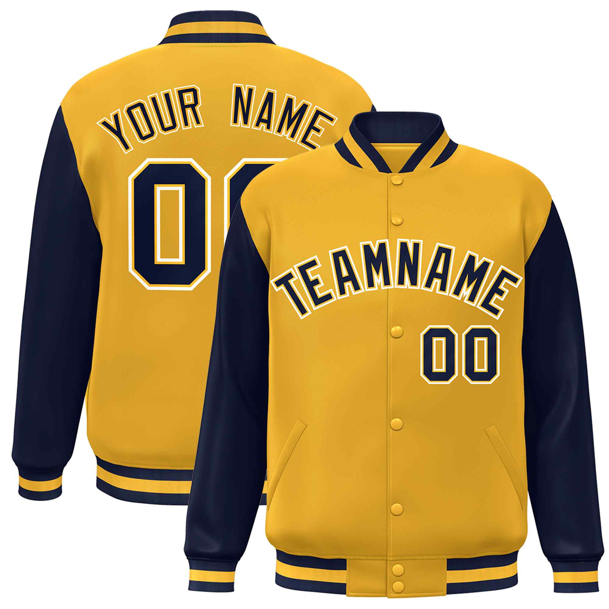 Custom Gold Navy-Gold Raglan Sleeves Varsity Full-Snap Letterman Jacket