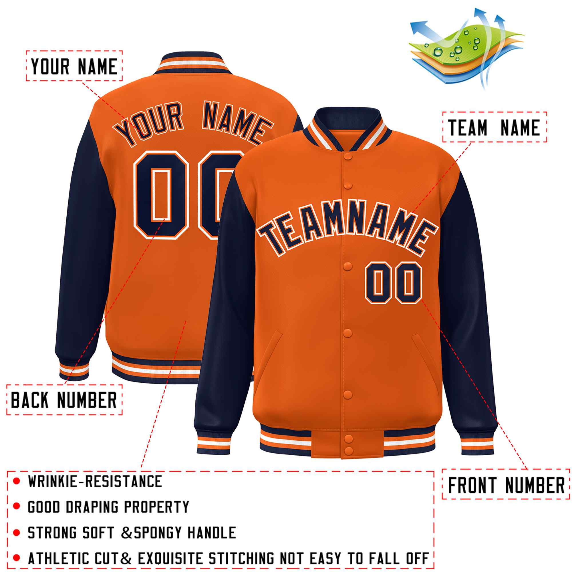 Veste Letterman Varsity Full-Snap à manches raglan orange marine-orange personnalisée