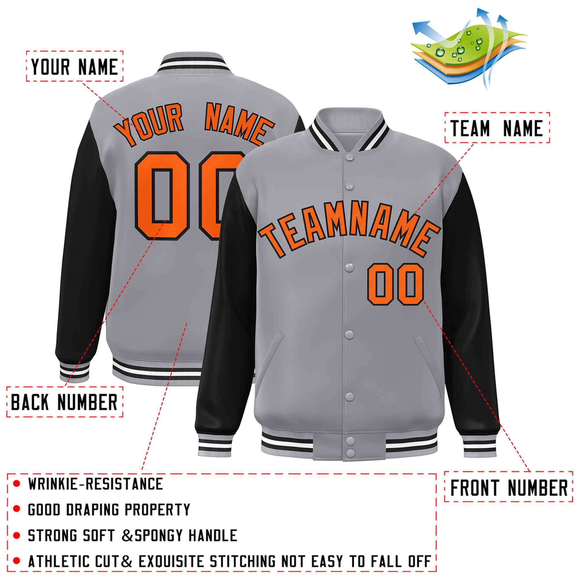 Veste Letterman Varsity Full-Snap à manches raglan gris orange-noir personnalisée