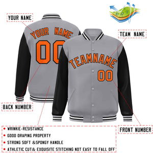 Custom Gray Orange-Black Raglan Sleeves Varsity Full-Snap Letterman Jacket