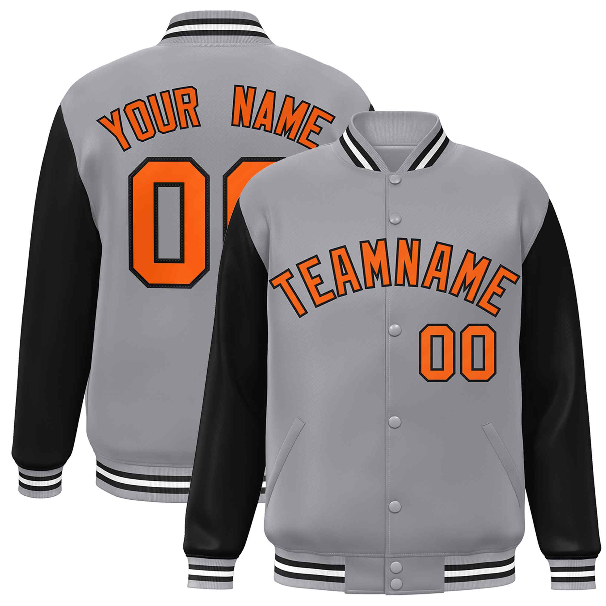 Veste Letterman Varsity Full-Snap à manches raglan gris orange-noir personnalisée