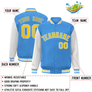 Custom Powder Blue Gold-Powder Blue Raglan Sleeves Varsity Full-Snap Letterman Jacket