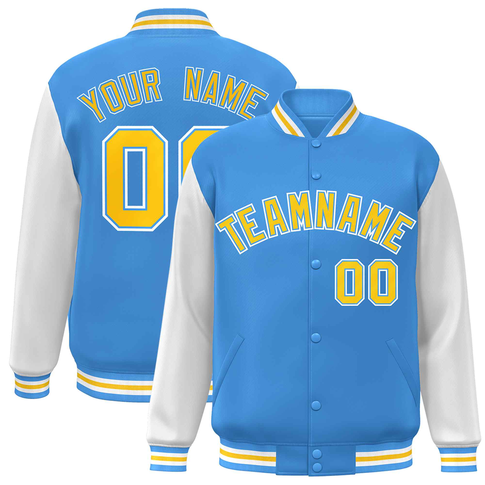 Custom Powder Blue Gold-Powder Blue Raglan Sleeves Varsity Full-Snap Letterman Jacket