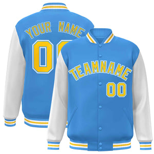 Custom Powder Blue Gold-Powder Blue Raglan Sleeves Varsity Full-Snap Letterman Jacket