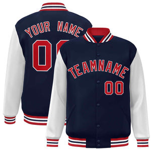 Veste Letterman Varsity Full-Snap à manches raglan personnalisées bleu marine et blanc