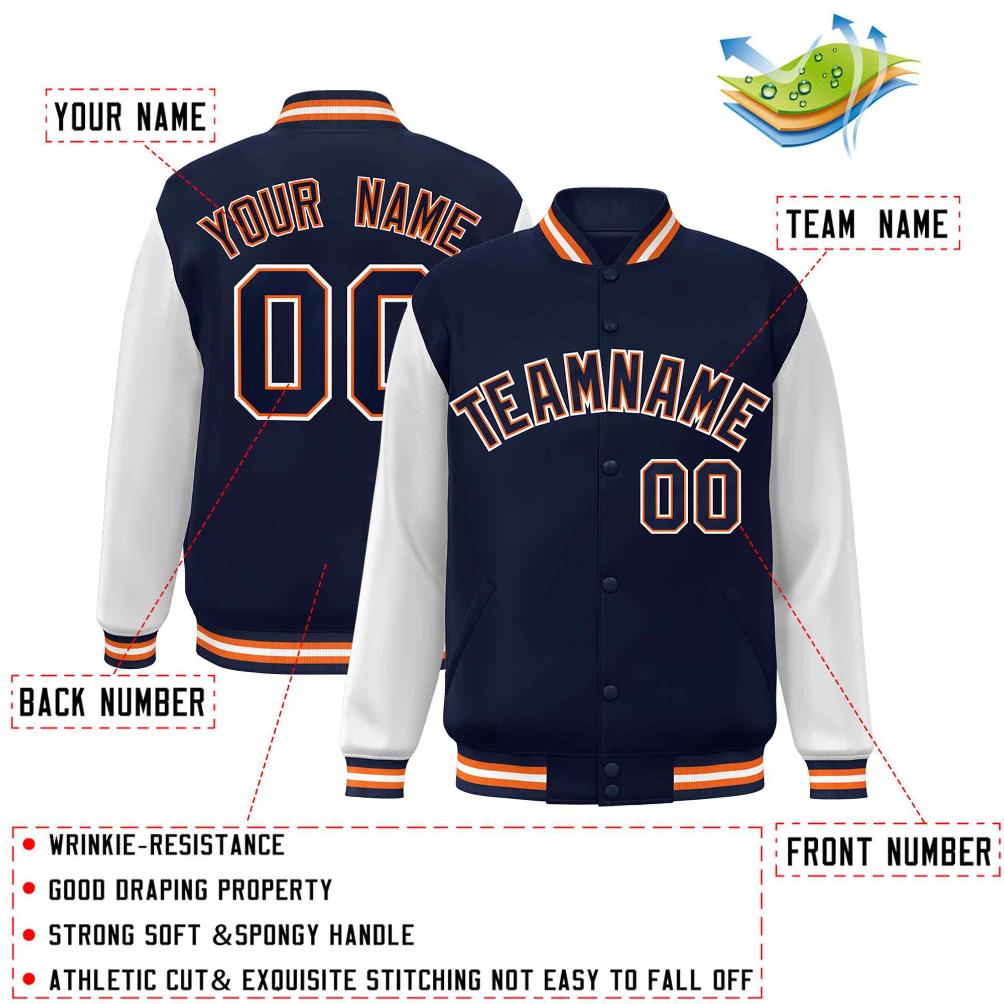 Custom Navy Navy-Orange Raglan Sleeves Varsity Full-Snap Letterman Jacket