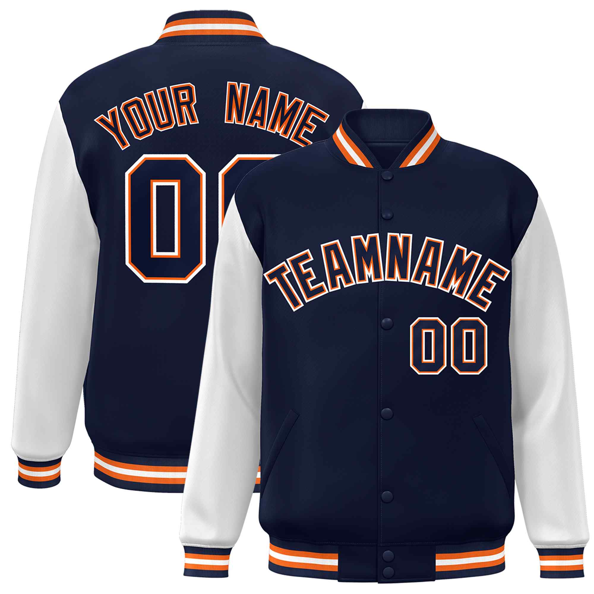 Veste Letterman Varsity Full-Snap à manches raglan bleu marine-orange personnalisée