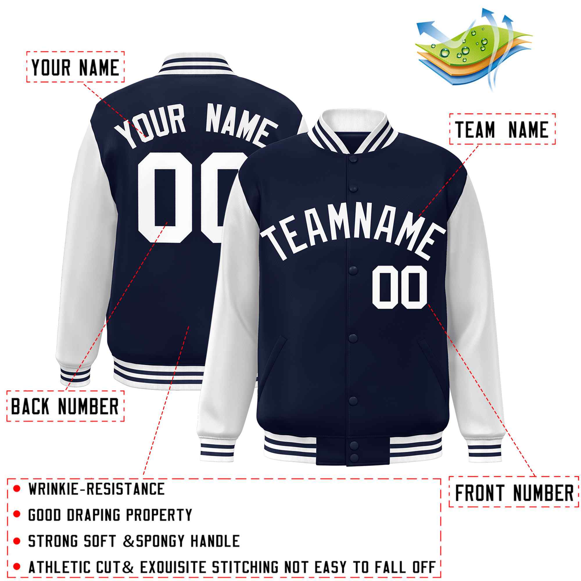 Custom Navy White Raglan Sleeves Varsity Full-Snap Letterman Jacket